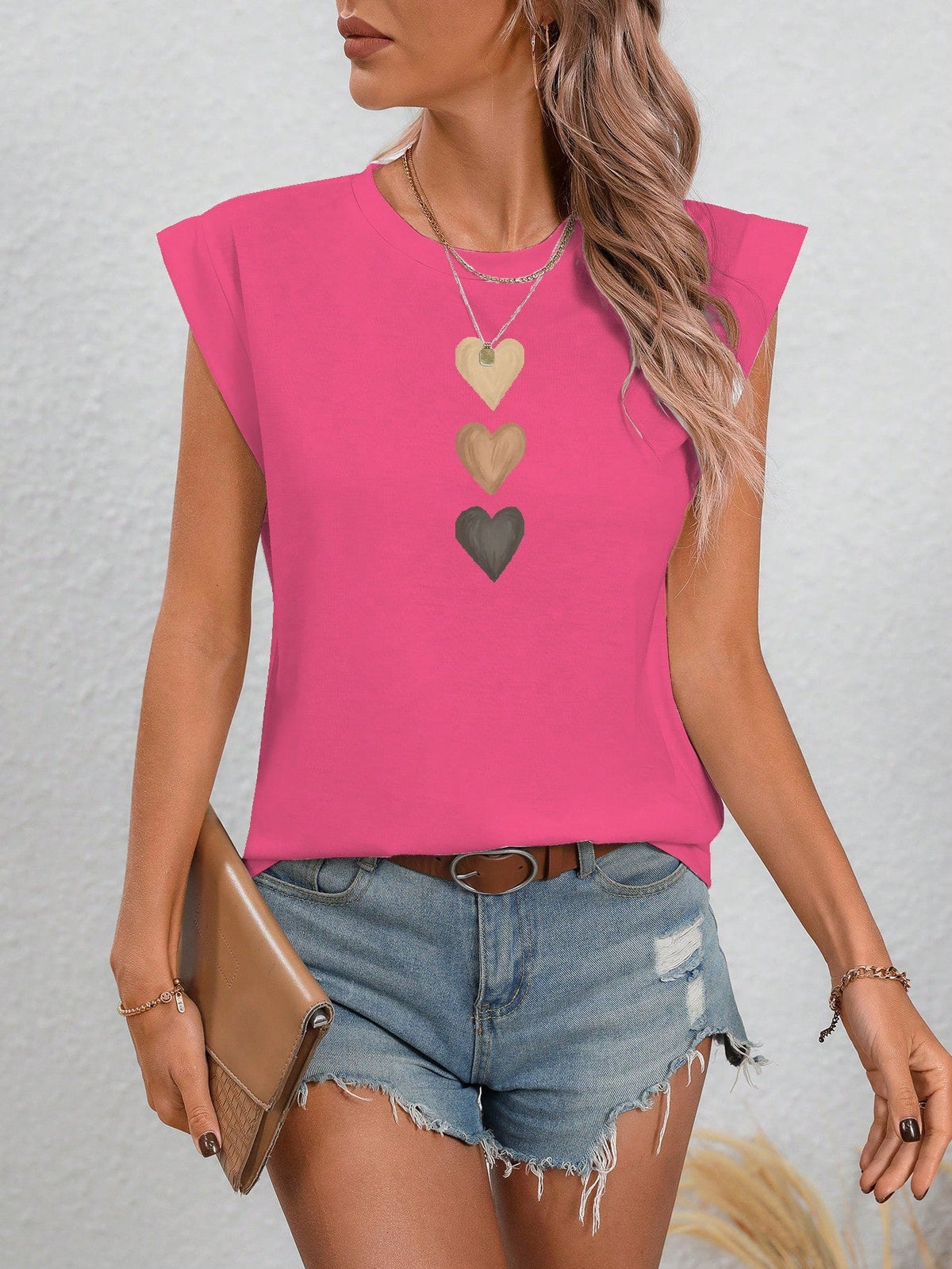 Maglietta estiva casual e semplice con collo a giro e motivo a cuore per donne, Love Love Love