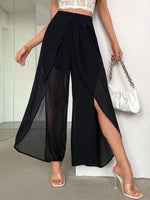 Pantaloni lunghi eleganti a vita alta da donna per l"ufficio con orlo irregolare, dettaglio a spacco e tessuto trasparente in chiffon