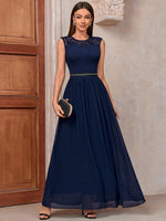 Abito Lungo Formale Da Festa In Chiffon Con Pizzo A Contrasto In Vita, Drappeggio Ruched E Lustrini