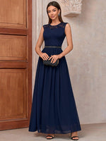 Abito Lungo Formale Da Festa In Chiffon Con Pizzo A Contrasto In Vita, Drappeggio Ruched E Lustrini