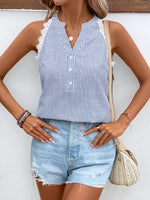 Blusa senza maniche a righe, con collo a halter di pizzo e taglio per le vacanze