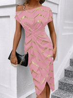 Vestito Donna Con Stampa A Spina Di Pesce, Collo Asimmetrico Con Twist E Avvolgimento