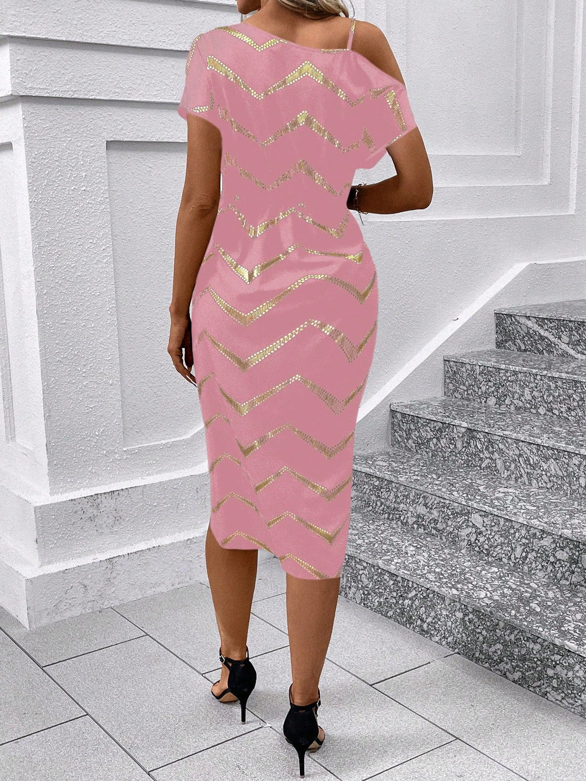 Vestito Donna Con Stampa A Spina Di Pesce, Collo Asimmetrico Con Twist E Avvolgimento