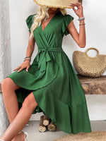 Abito estivo donna dalla moda estiva a righe e stampato, sovrapposto con scollo a V a manica corta a cappuccio e orlo asimmetrico