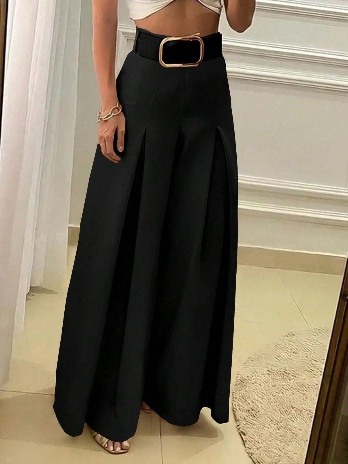 Pantaloni Casual Eleganti A Gamba Larga Di Colore Tinta Unita Da Donna