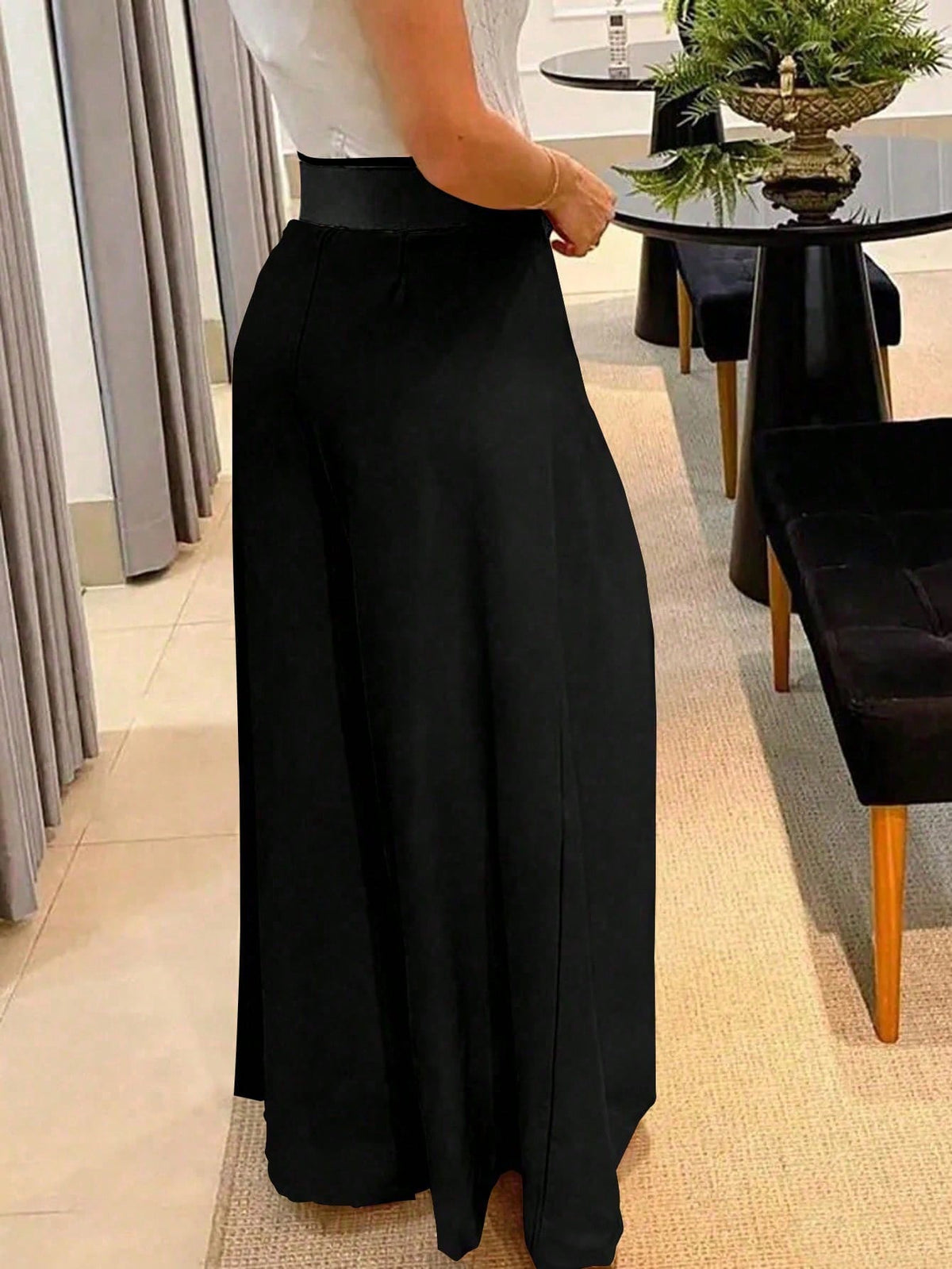 Pantaloni Casual Eleganti A Gamba Larga Di Colore Tinta Unita Da Donna