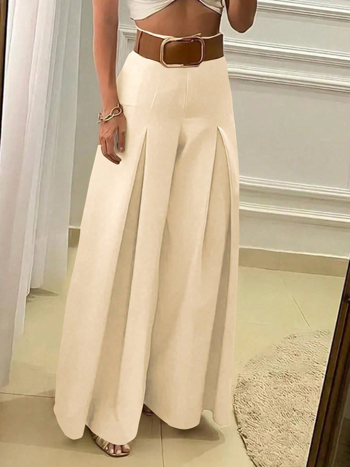 Pantaloni Casual Eleganti A Gamba Larga Di Colore Tinta Unita Da Donna