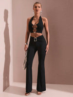 Pantaloni a zampa casual a righe con pieghe e decoro a rombo quadrato