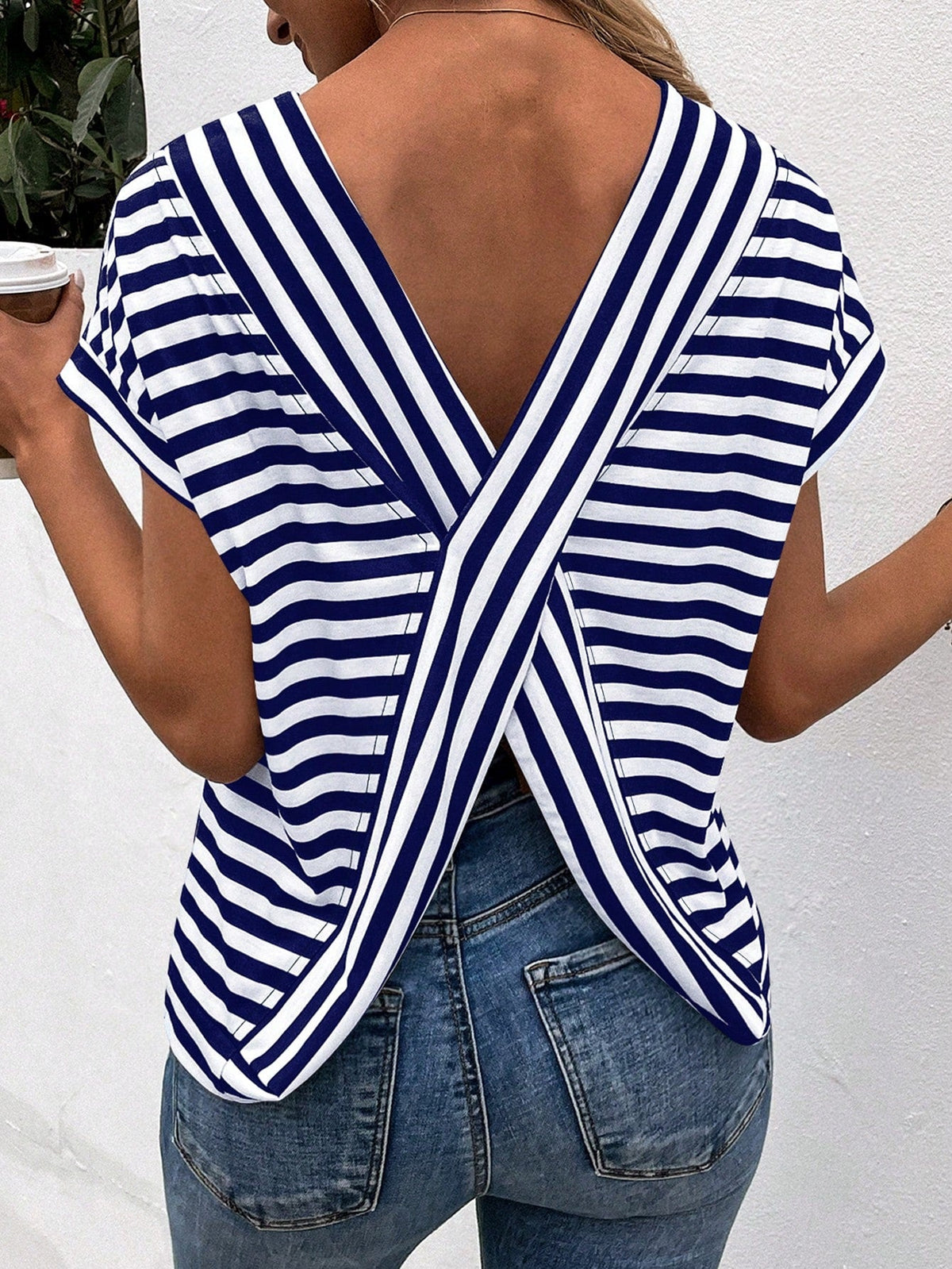 Maglietta casual a righe stampate per donne, primavera e estate