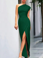 Abito Moda Donna A Spalla Singola, Slim Fit, Tinta Unita