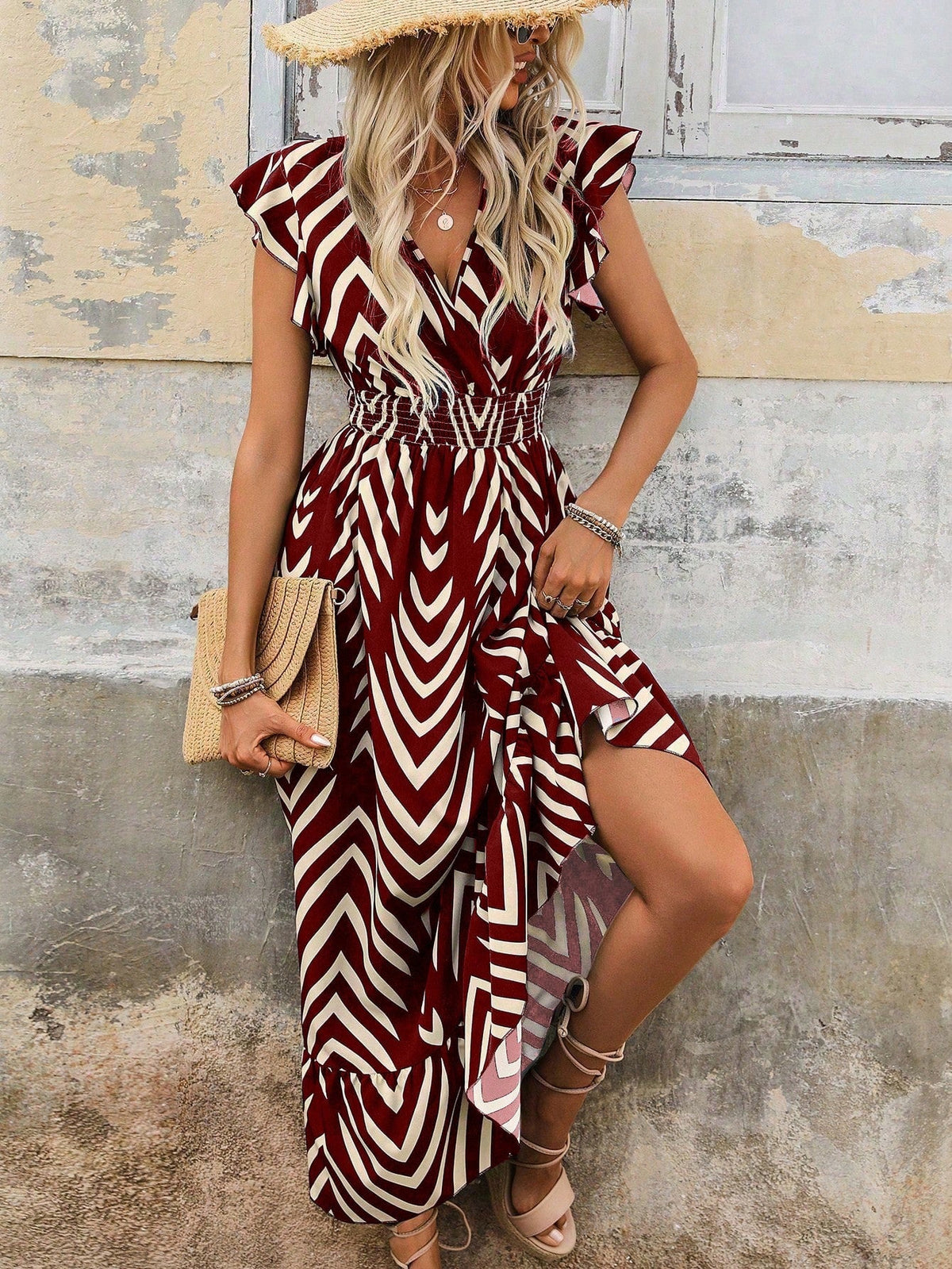 Abito Casual Lungo Con Manica A Cappuccio Con Stampa Geometrica Estiva E Scollo A V Per Donne