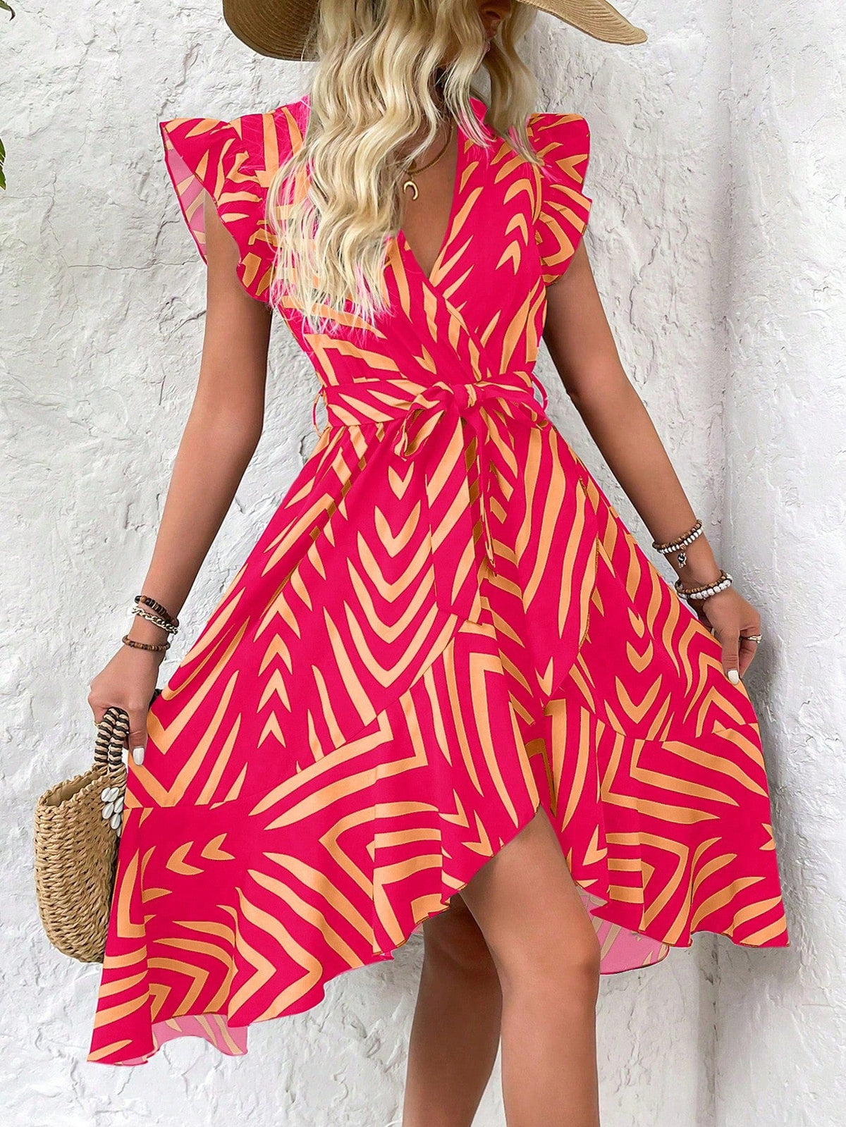 Abito estivo donna dalla moda estiva a righe e stampato, sovrapposto con scollo a V a manica corta a cappuccio e orlo asimmetrico