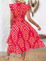 Abito estivo donna dalla moda estiva a righe e stampato, sovrapposto con scollo a V a manica corta a cappuccio e orlo asimmetrico