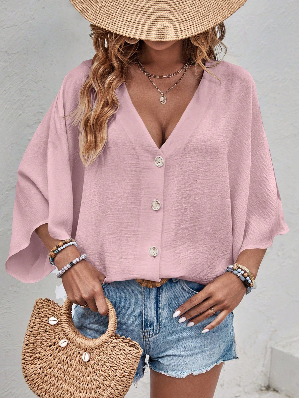 Camicia Casual Con Bottoni Frontali E Collo In Tessuto Testurizzato