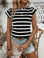 Maglietta casual estiva da donna a righe stampate con girocollo e maniche corte