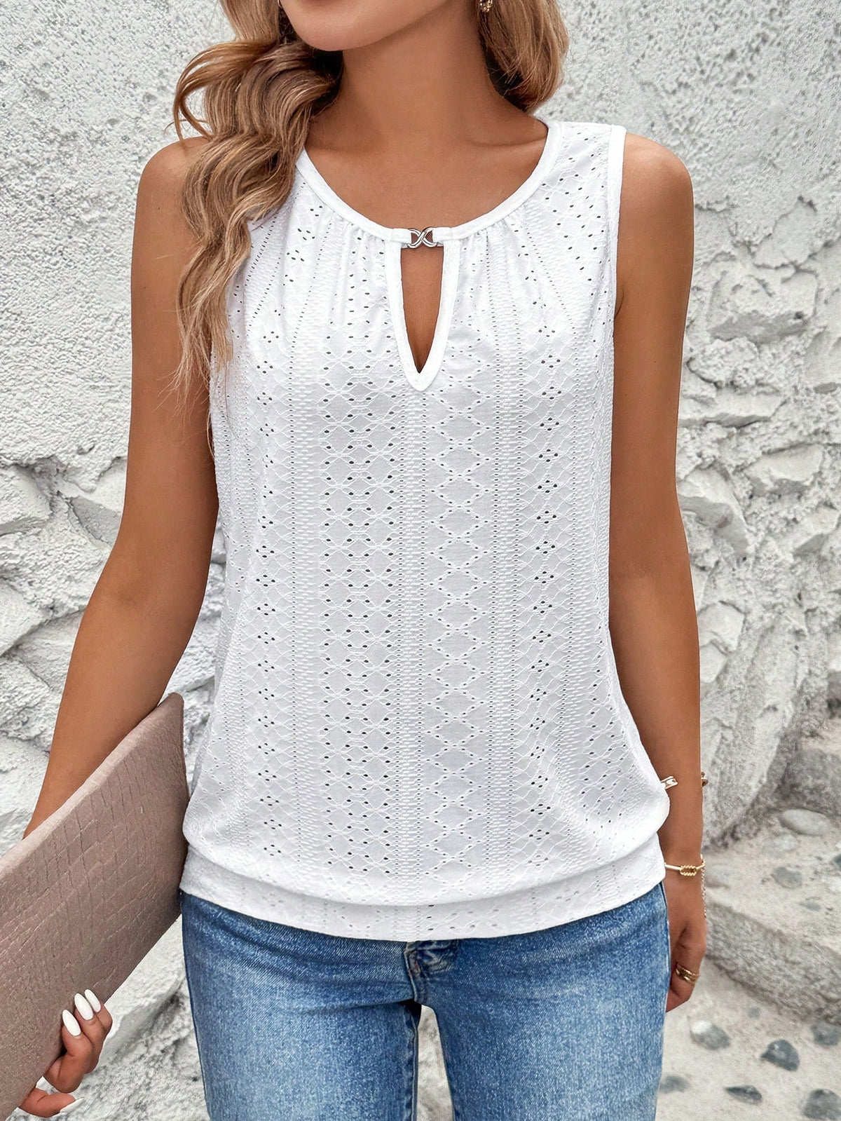 Canotta senza maniche con ricamo floreale bruciato e scollo a chiave per donne, estate