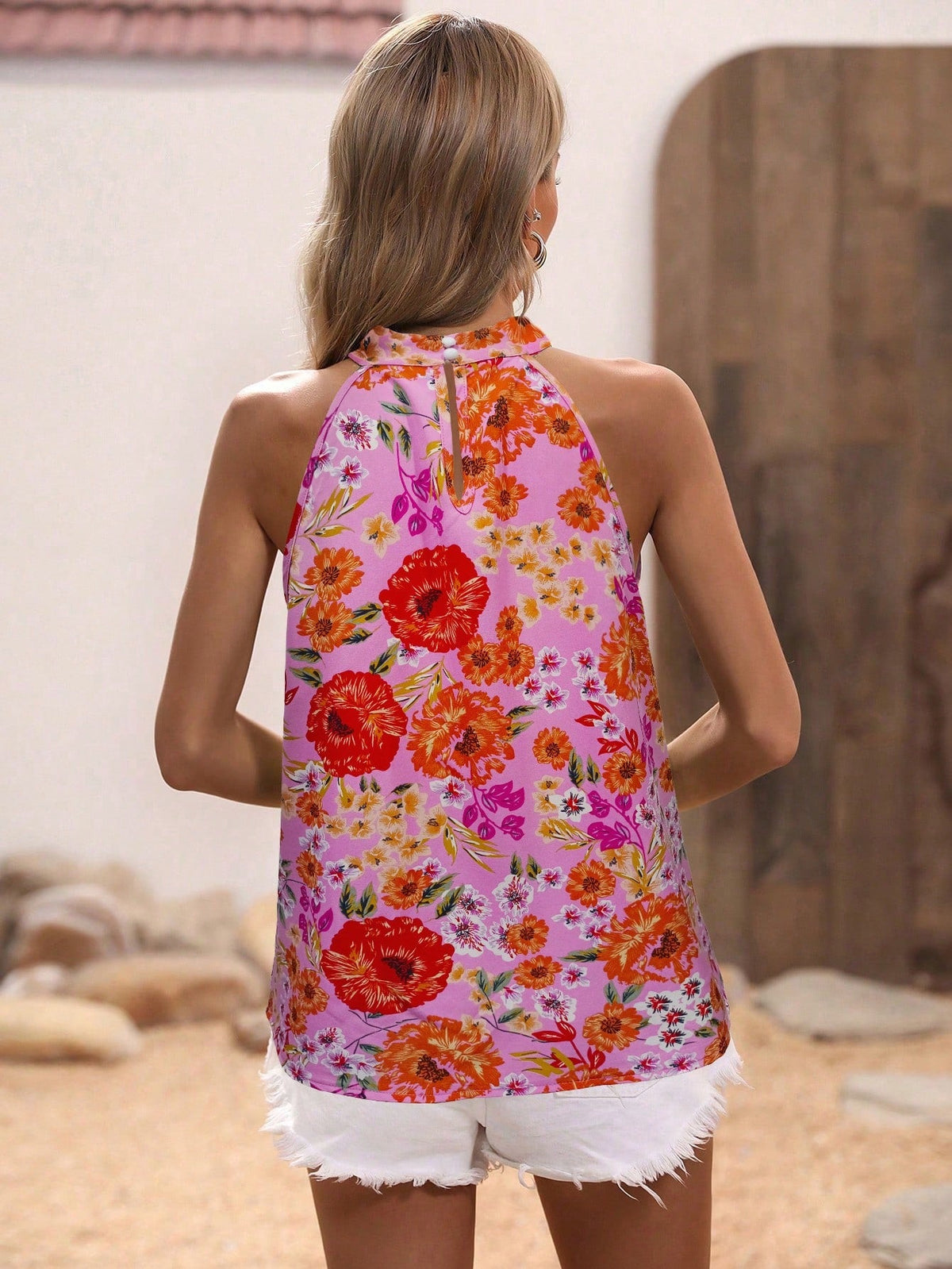 Blusa Estiva Da Donna A Collo Alto Senza Maniche Con Stampa