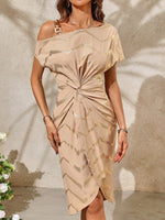 Vestito Donna Con Stampa A Spina Di Pesce, Collo Asimmetrico Con Twist E Avvolgimento