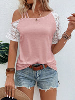 Maglietta casual da donna estiva con collo asimmetrico a blocchi di colore e manica corta in pizzo a contrasto