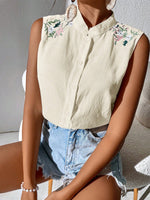 Camicia estiva senza maniche casuale per le vacanze con collo alla coreana ricamato