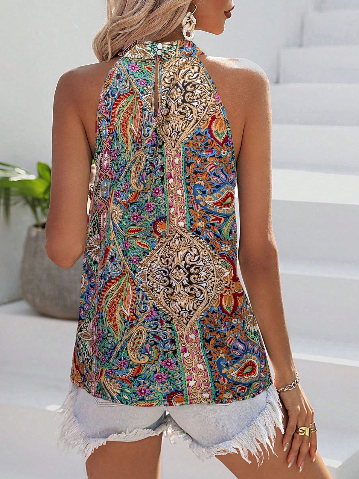 Blusa Estiva Da Donna A Collo Alto Senza Maniche Con Stampa