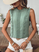 Blusa senza maniche a collo tondo in pizzo a righe patchwork