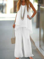 Set 2 pezzi semplice da donna con top senza maniche di colore unito e pantaloni lunghi