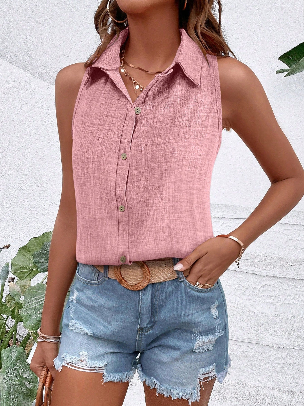 Camicia senza maniche casual da vacanza con colletto e bottoni