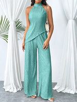 Set di pantaloni a gamba larga e camicetta halter kaki con orlo irregolare plissettato e schiena scoperta