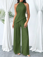 Set di pantaloni a gamba larga e camicetta halter kaki con orlo irregolare plissettato e schiena scoperta