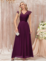 Abito da sera lungo elegante con scollo a V di pizzo, maniche a volant a balze