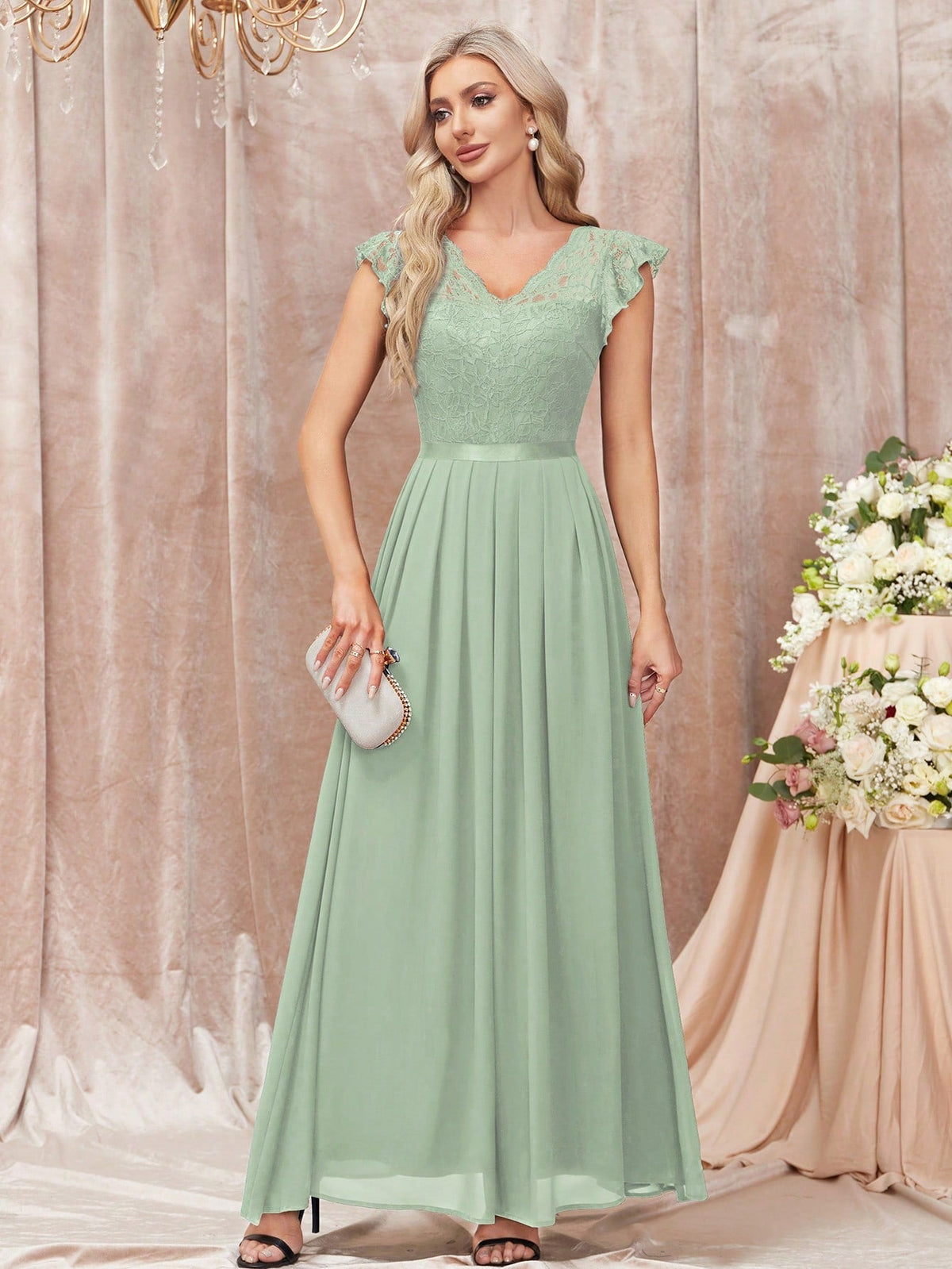 Abito da sera lungo elegante con scollo a V di pizzo, maniche a volant a balze