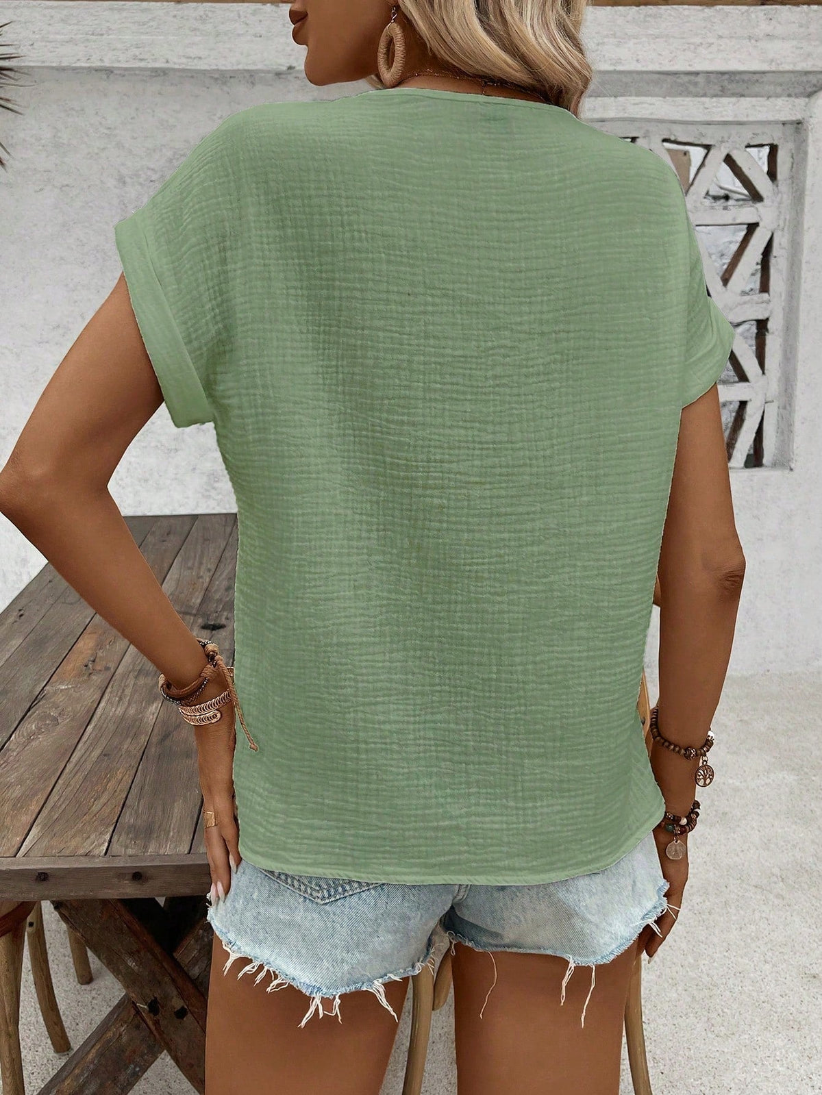 Blusa Estiva Informale Con Texture A Manica Pipistrello E Ricamo A Crochet