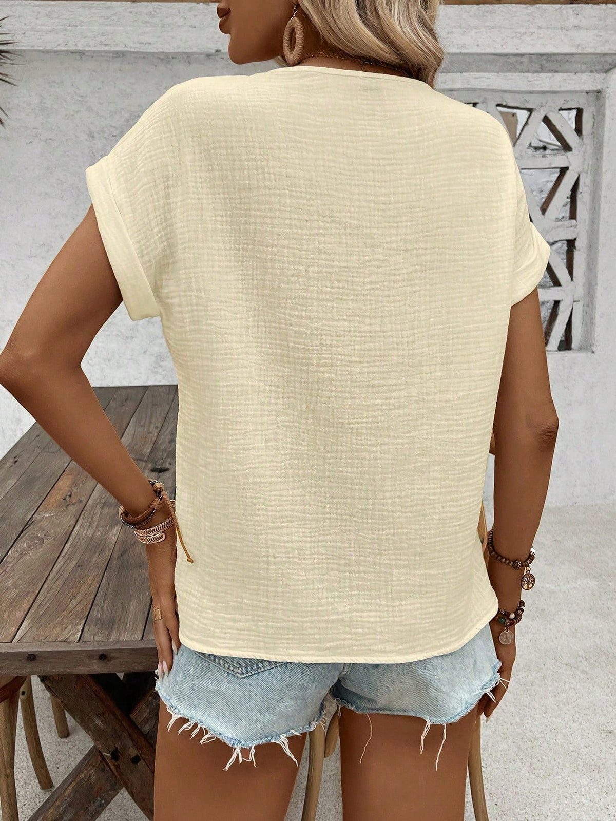 Blusa Estiva Informale Con Texture A Manica Pipistrello E Ricamo A Crochet