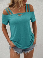 Maglietta casual estiva con spalle scoperte, maniche corte e colore solido per donne