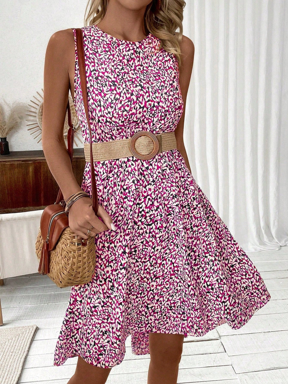 Abito Senza Maniche Con Stampa Completa Per Donna Senza Cintura Alla Vita