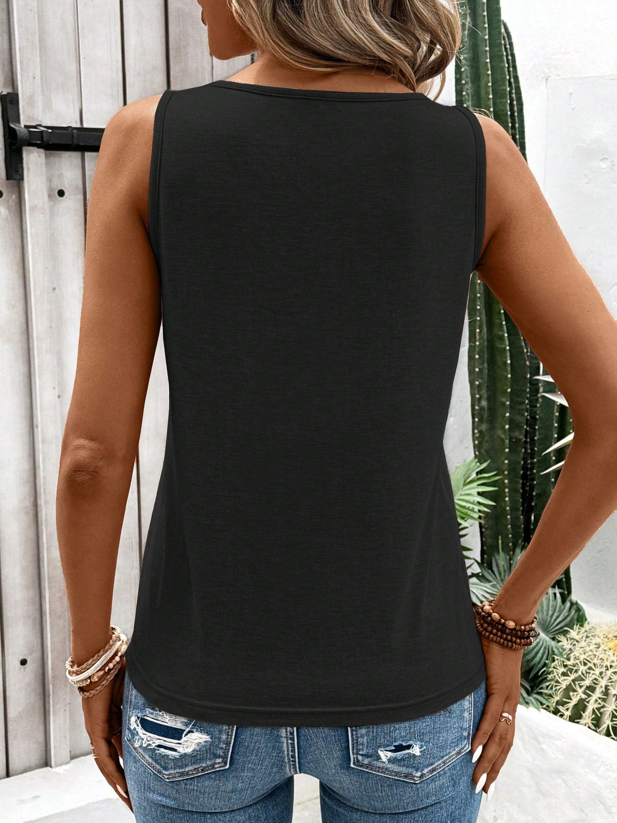 Canotta donna casuale primavera/estate a tinta unita con scollo a chiave