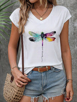 Maglietta bianca stampata darte libellula con scollatura a V E design a goccia per ragazze