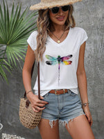 Maglietta bianca stampata darte libellula con scollatura a V E design a goccia per ragazze