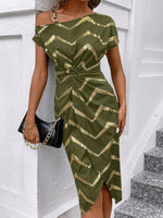 Vestito Donna Con Stampa A Spina Di Pesce, Collo Asimmetrico Con Twist E Avvolgimento