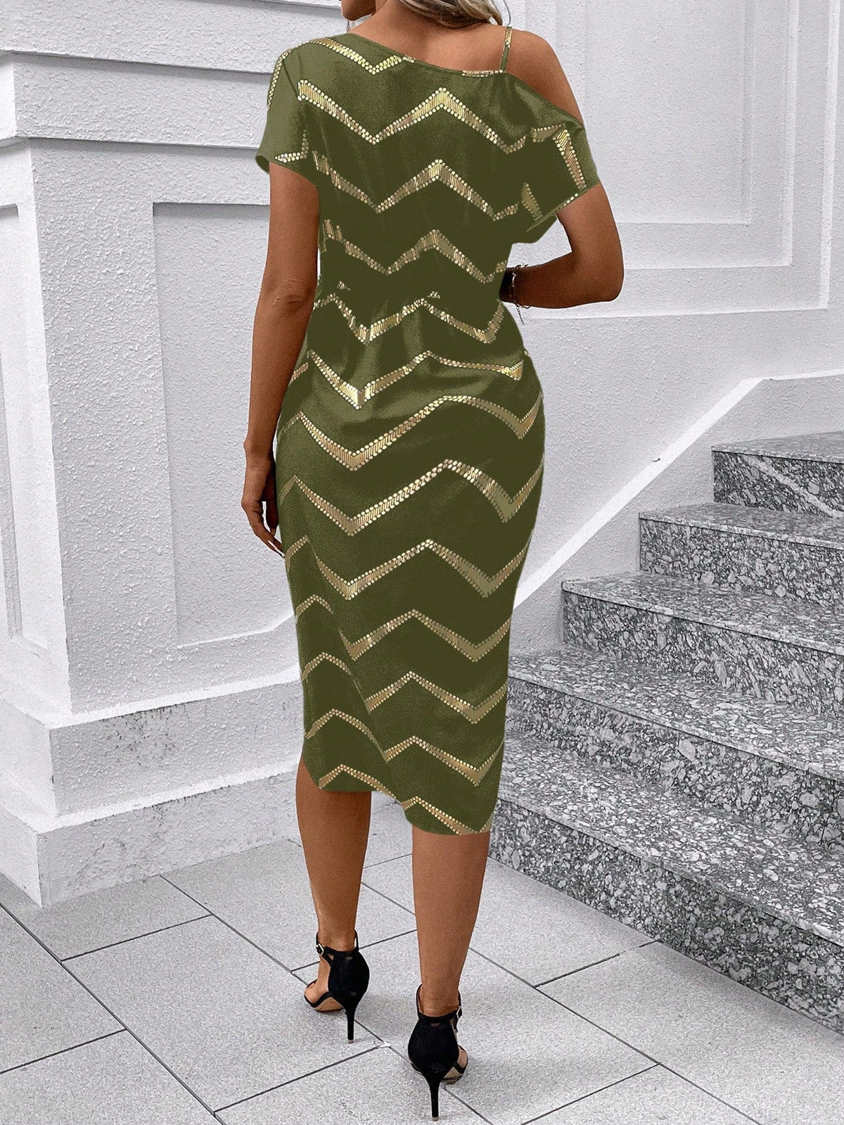 Vestito Donna Con Stampa A Spina Di Pesce, Collo Asimmetrico Con Twist E Avvolgimento