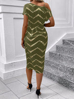 Vestito Donna Con Stampa A Spina Di Pesce, Collo Asimmetrico Con Twist E Avvolgimento