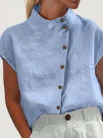Camicia da donna a manica corta con colletto alla mandarina e bottoni diagonali per l"estate