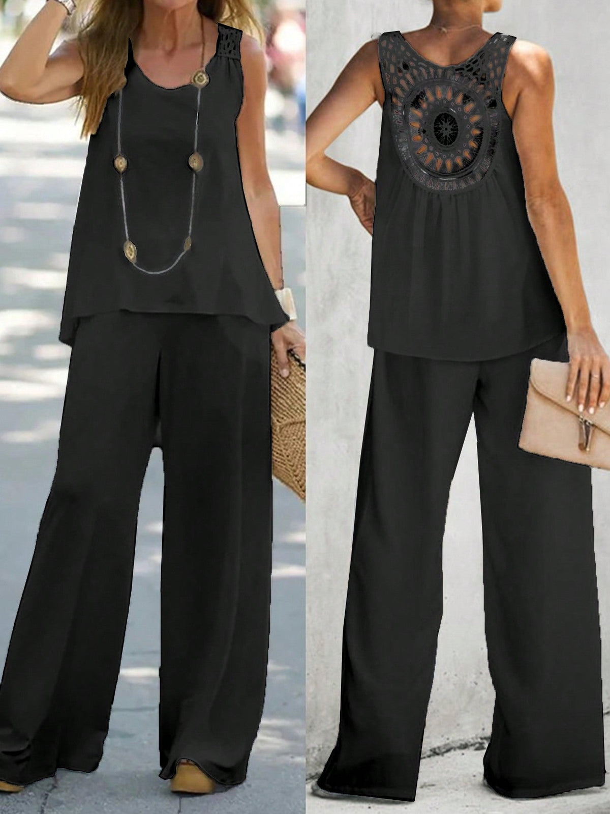 canotta allentata monocolore semplice hollow-out & Pantaloni casuali a vita larga