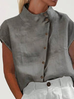 Camicia da donna a manica corta con colletto alla mandarina e bottoni diagonali per l"estate