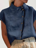 Camicia da donna a manica corta con colletto alla mandarina e bottoni diagonali per l"estate