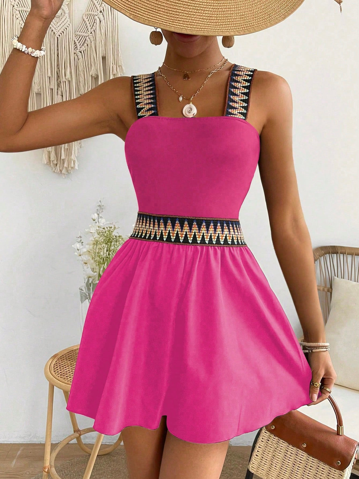 Salopette In Patchwork Geometrico Jacquard Con Fascia Elastica In Vita