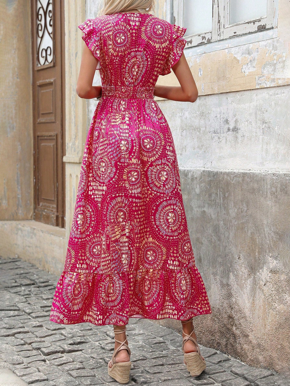 Abito Casual Lungo Con Manica A Cappuccio Con Stampa Geometrica Estiva E Scollo A V Per Donne