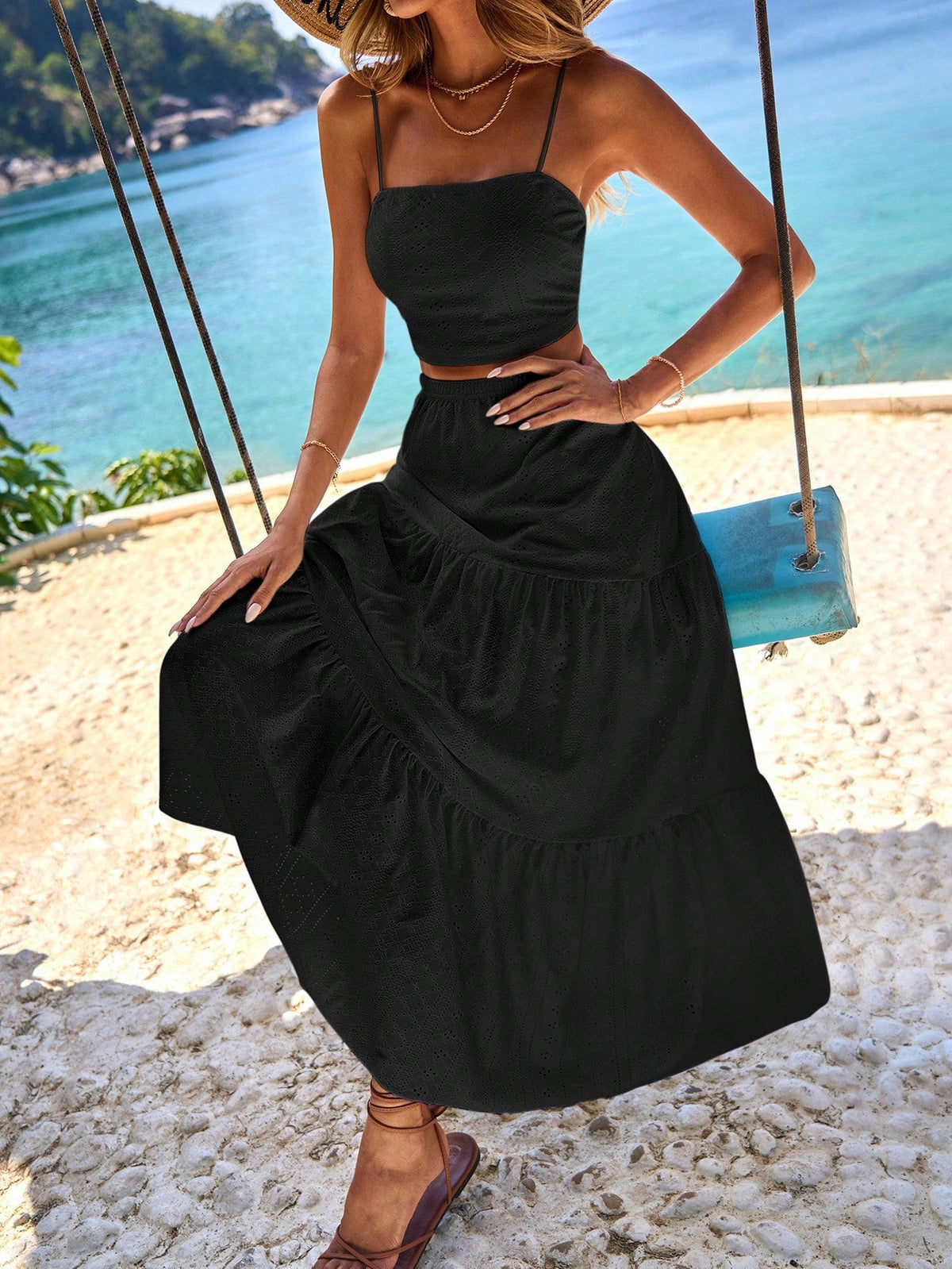 Top Ricamato Traforato & Gonna Lunga 2 Pezzi