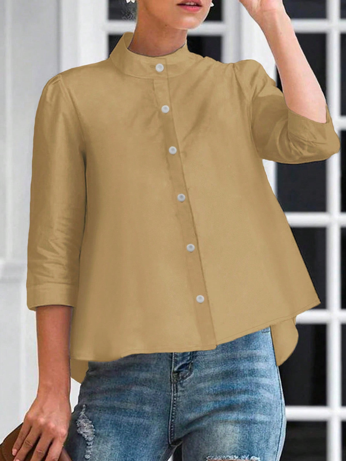 Camicetta Elegante Con Colletto a Stantuffo Per Le Donne Con Colore Solido